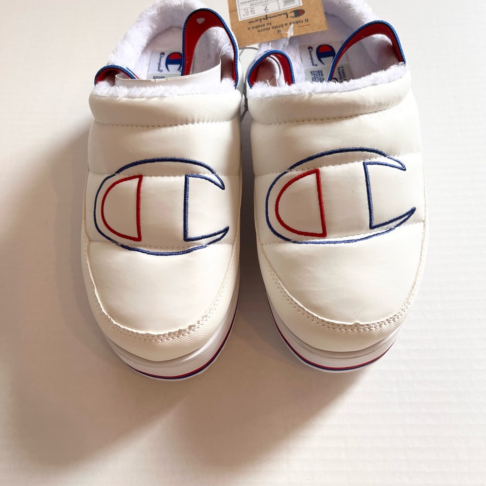 Champion White Slip-On Logo Slippers with Red and Blue Accents